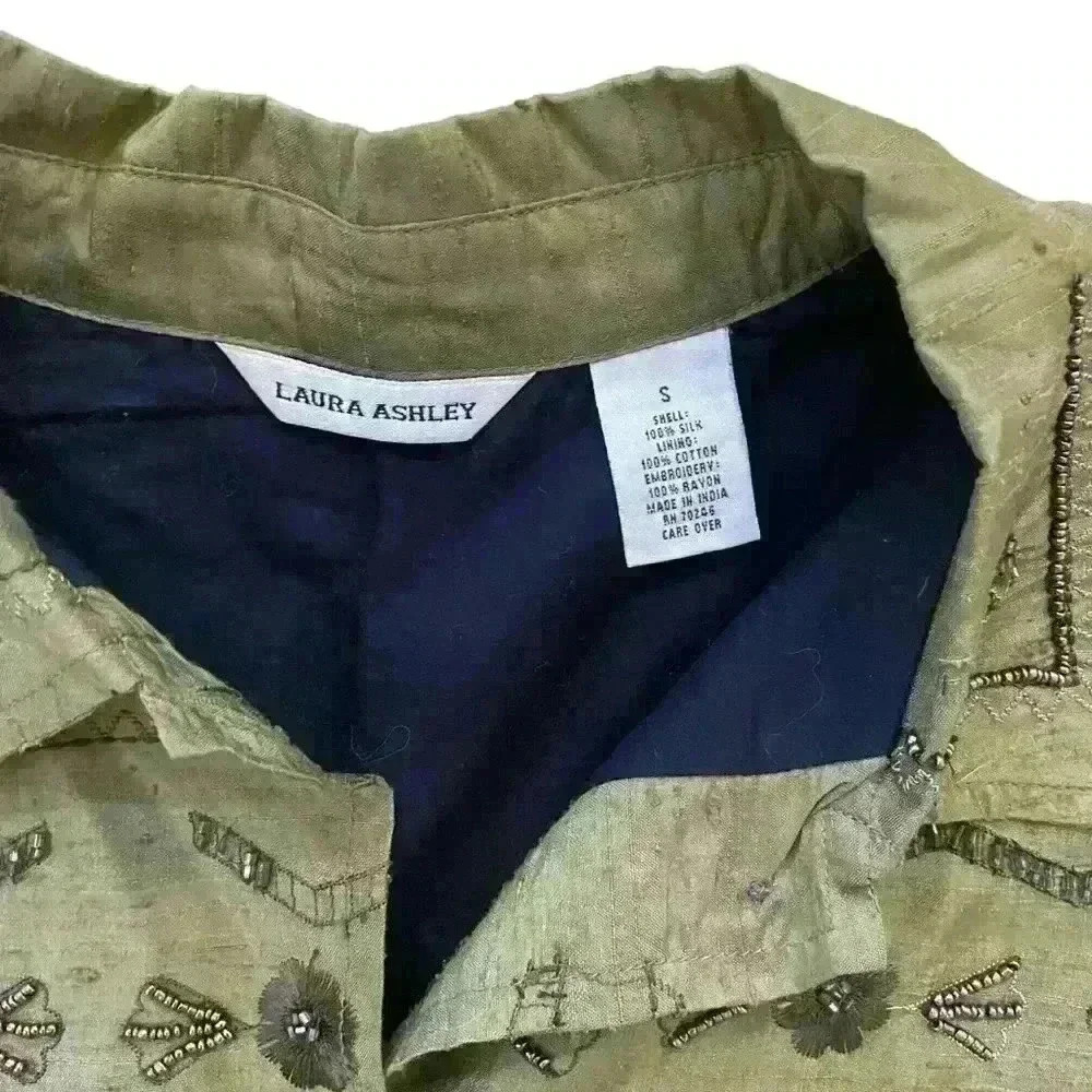 Vintage Laura Ashley Silk Beaded Jacket Size S Olive Green Boho Casual - Picture 6 of 8
